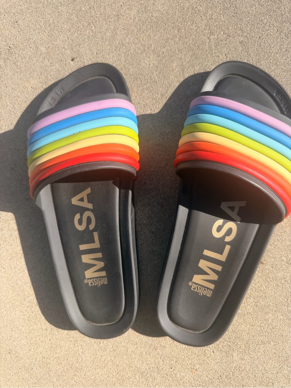 Melissa rainbow stripe Black Slide Sandals with Rainbow Straps